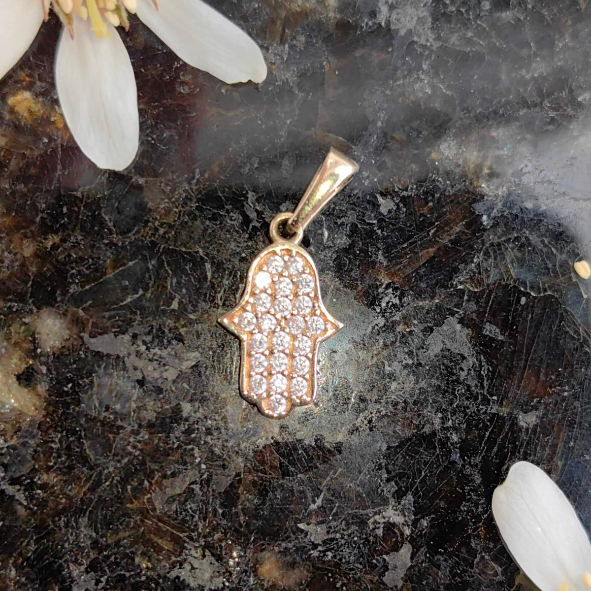 Vintage Cubic Zirconia Solid 9k Hallmarked Yellow Gold Hand of Hamsa Hand of Fatima  Middle Eastern Protection Luck Pendant Bracelet Charm