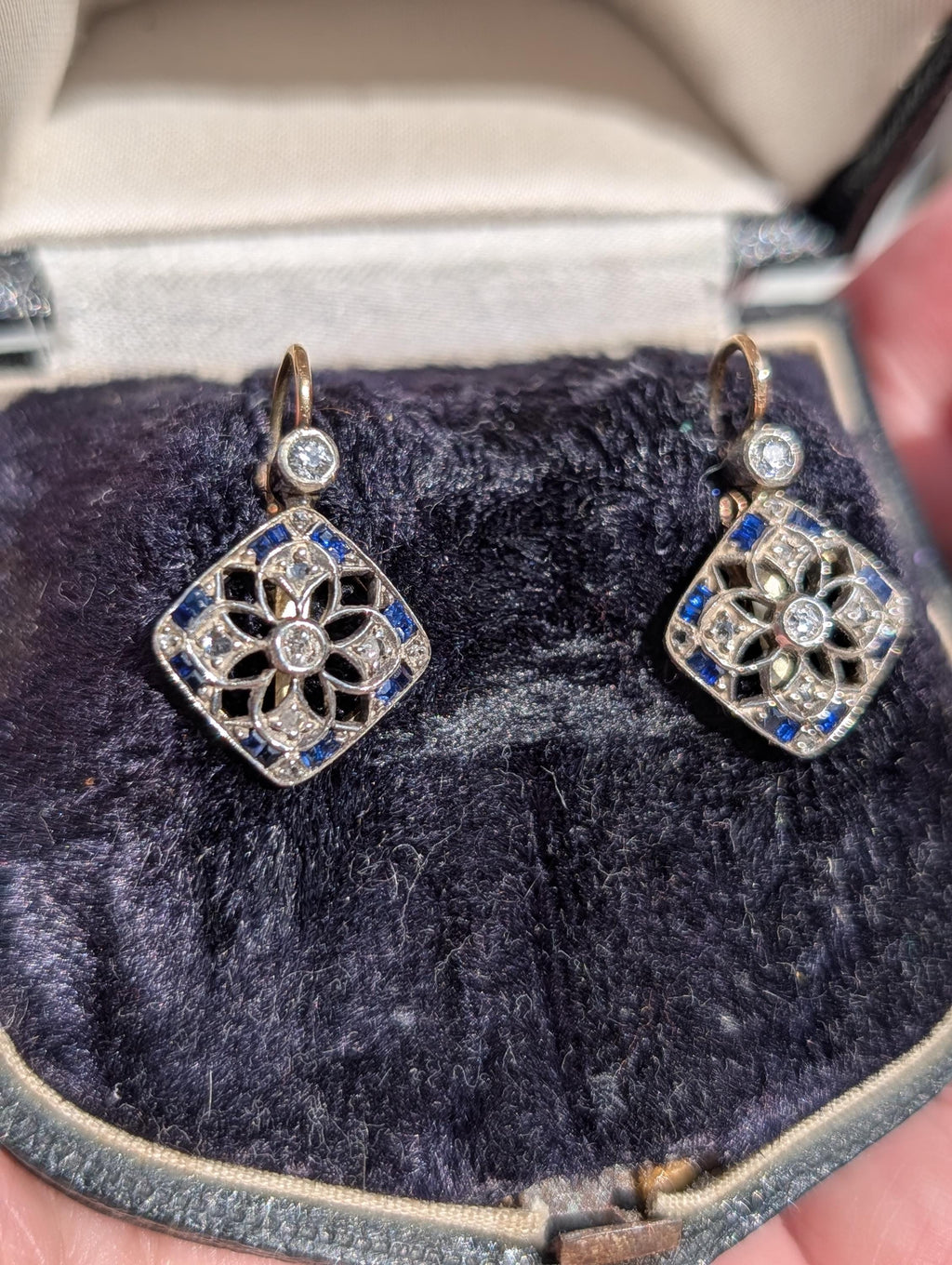 Art Deco Sapphire Diamond Earrings 1920s Antique Gold Leverback Earrings Old Cut Diamond Statement Earrings Gift for Her