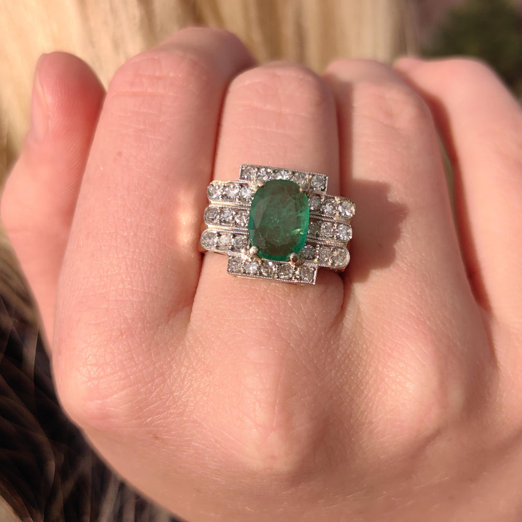 Colombian Emerald Diamond Ring  Solid White Gold Statement Art Deco 1920s Vintage Band Ring Gift for Her Large Chevalier Ring