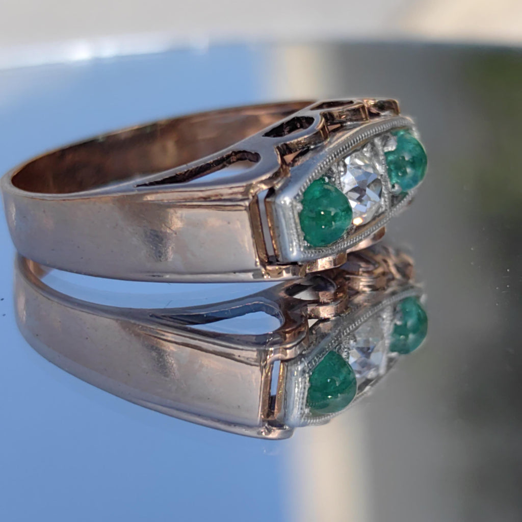 Antique 14k Gold Emerald & Diamond Ring: 1920s Art Deco Statement