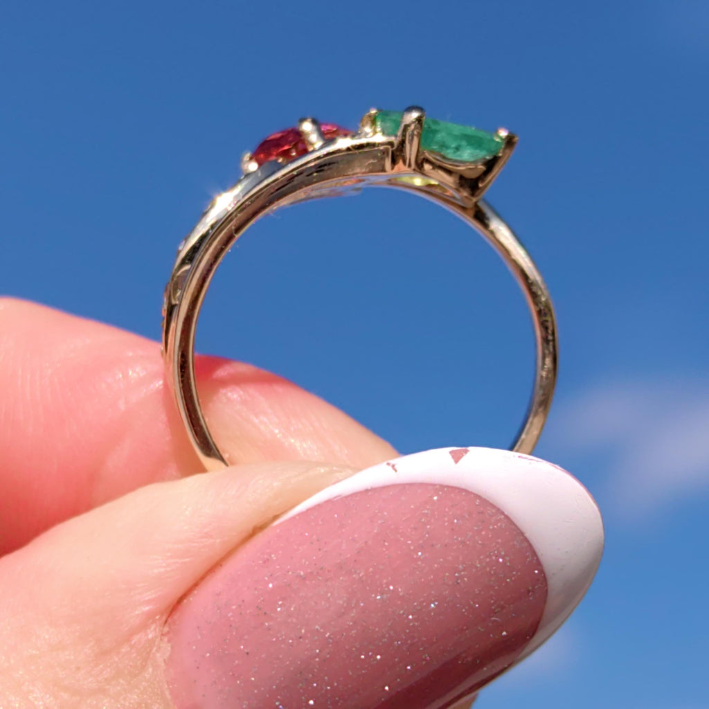 Vintage 14k Yellow Gold Tutti-Frutti Ring: Emerald, Tourmaline & Diamond Bypass