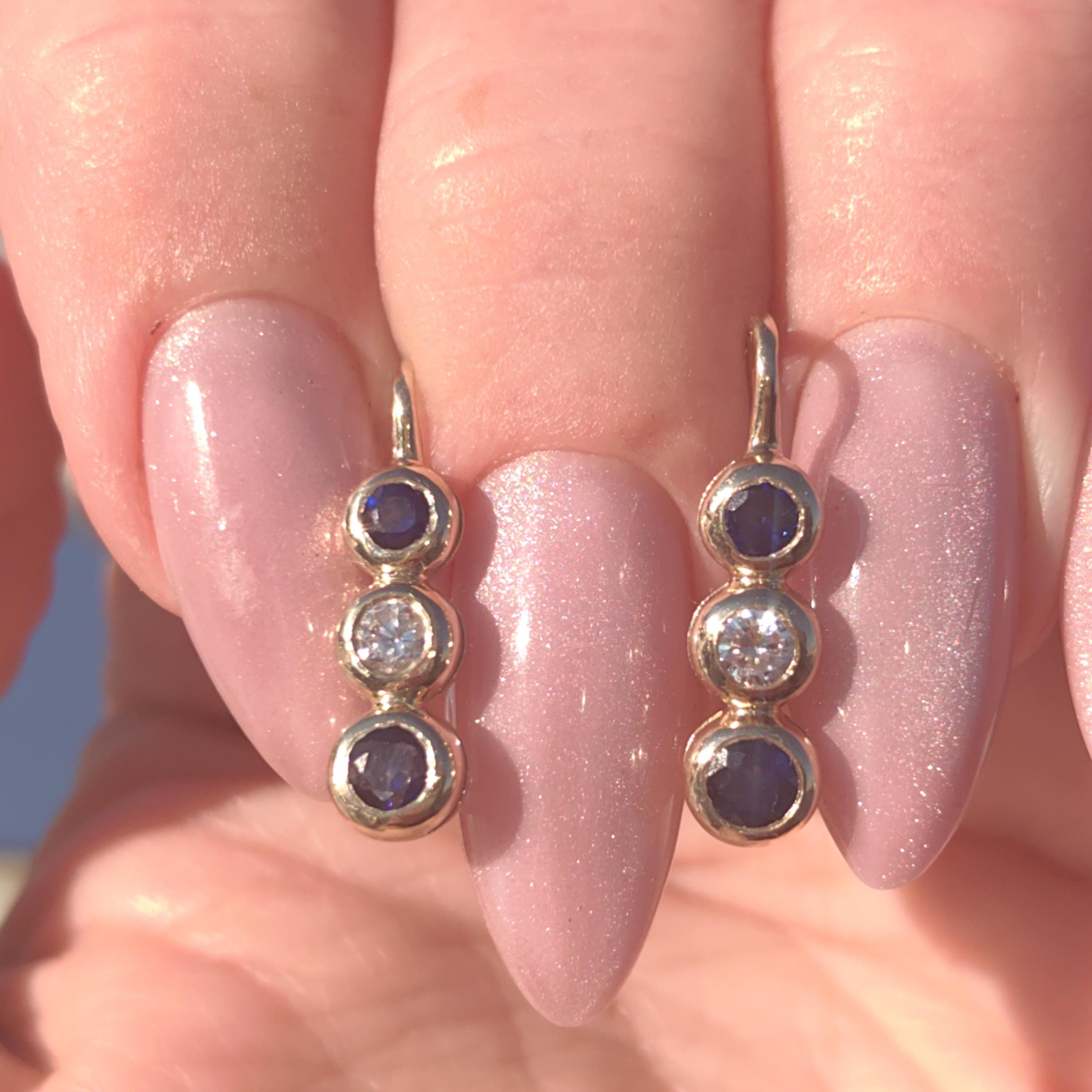 Vintage 14k Gold Sapphire Diamond Lever Back Earrings – Elegant Dainty Dormeuses
