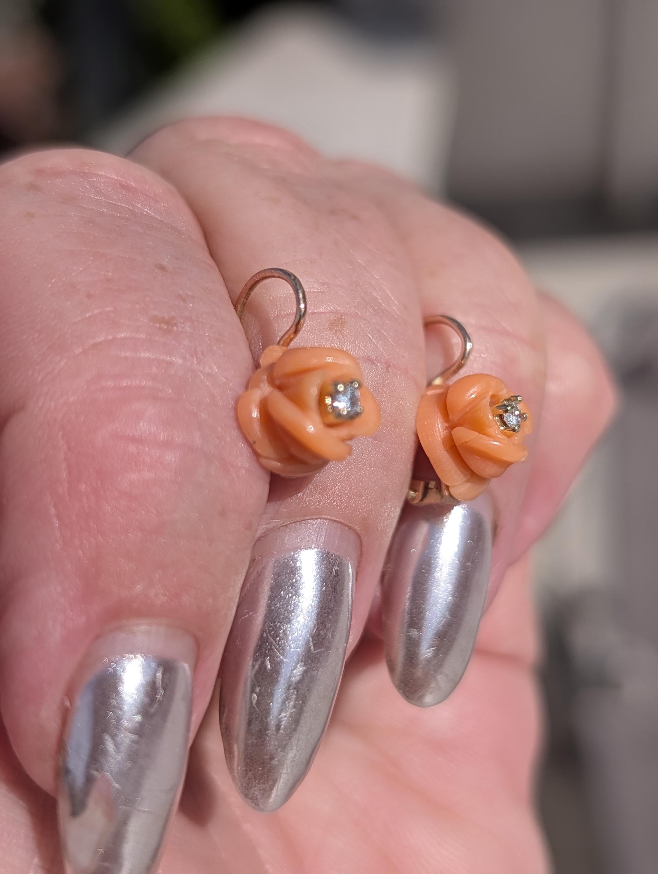 1950s Mid Century Hand Carved Coral Diamond 14k Gold Rose Earrings, Handmade Delicate Floral Lever Back Sleepers Earrings, Gift for Her