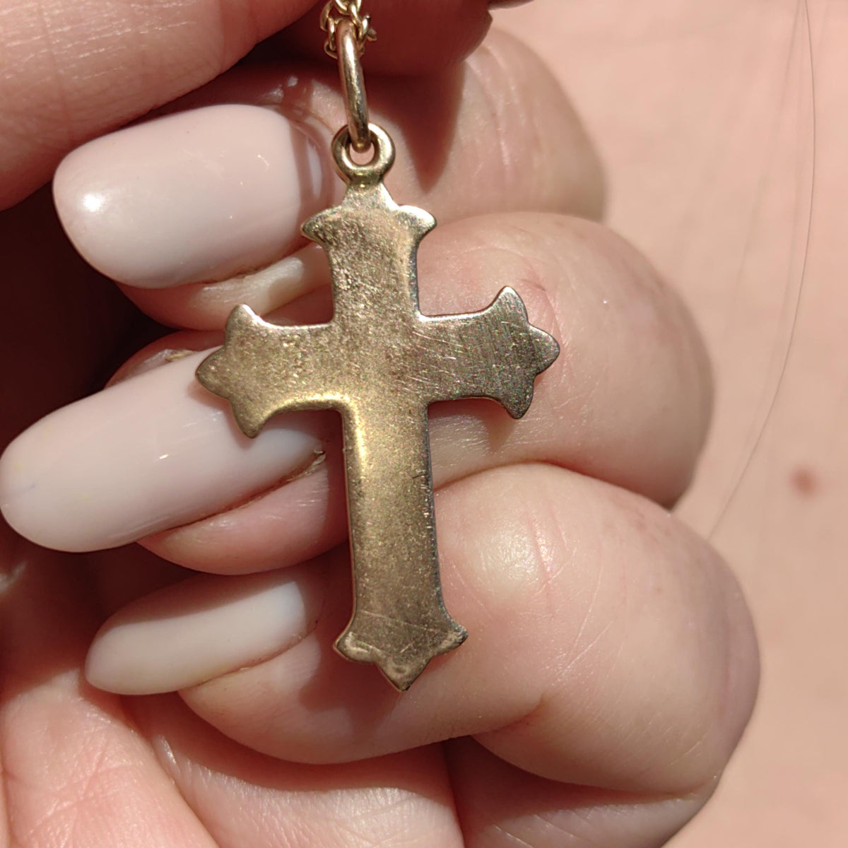 14k Yellow Rose Champagne Solid Gold Latin Cross  Catholic Pendant Blue Purple Enamel Christian Jewelry Gift Present