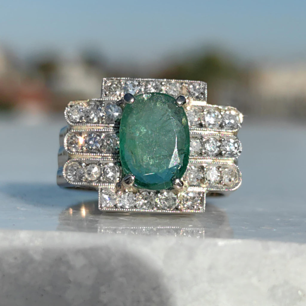 Colombian Emerald Diamond Ring  Solid White Gold Statement Art Deco 1920s Vintage Band Ring Gift for Her Large Chevalier Ring
