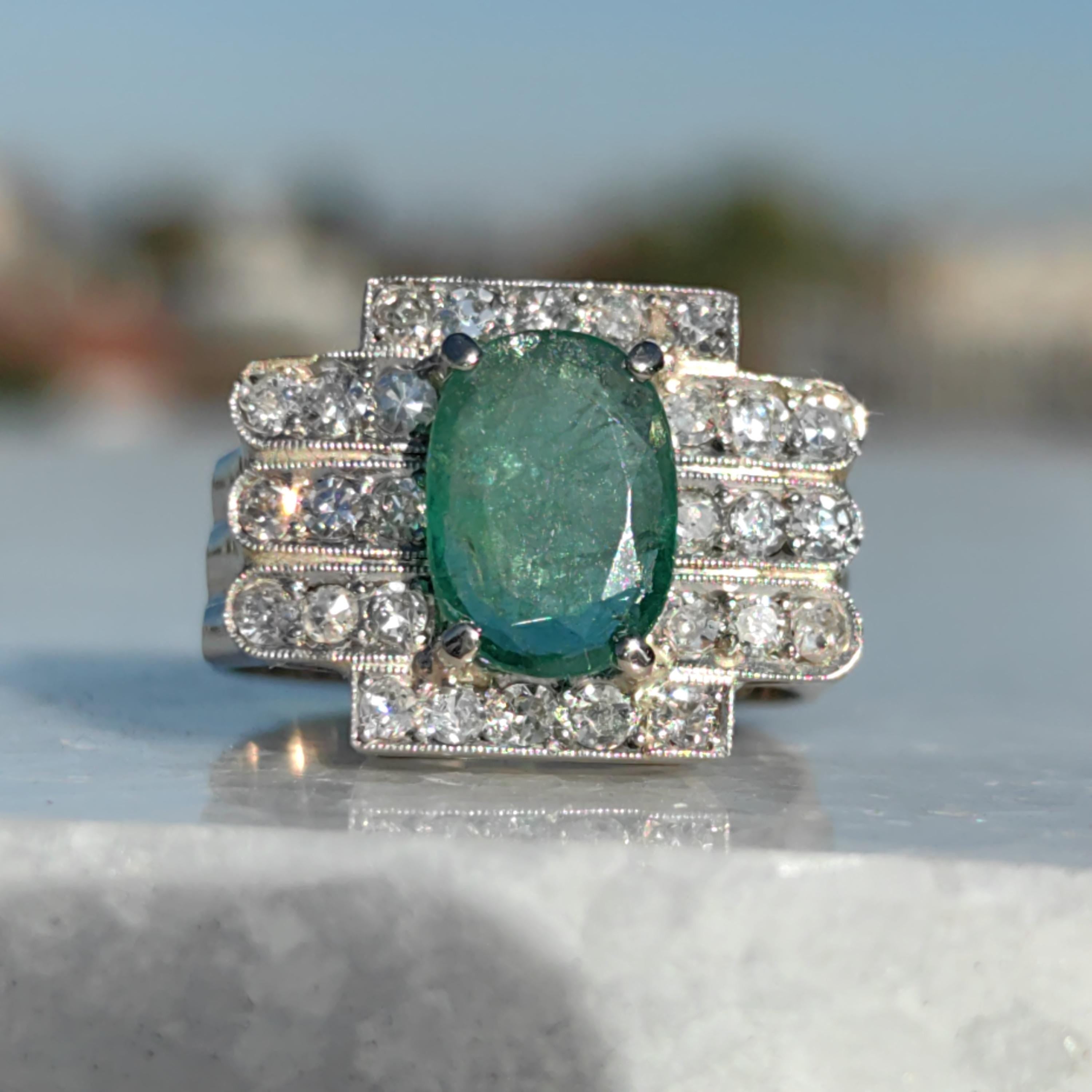 Colombian Emerald Diamond Ring  Solid White Gold Statement Art Deco 1920s Vintage Band Ring Gift for Her Large Chevalier Ring