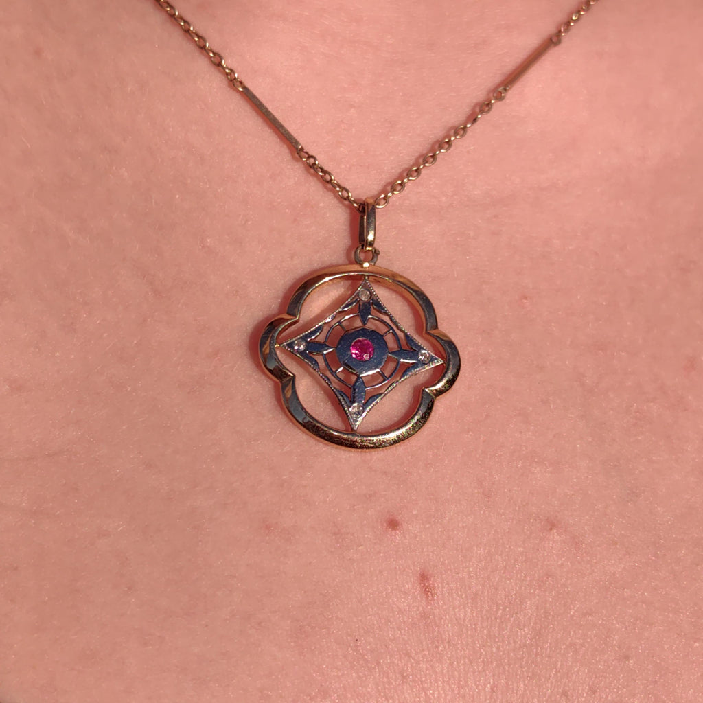 Art Nouveau Diamond Ruby Pendant 18k Solid Yellow and White Gold Geometric Openwork Pendant  1900s Vintage Gift for Her