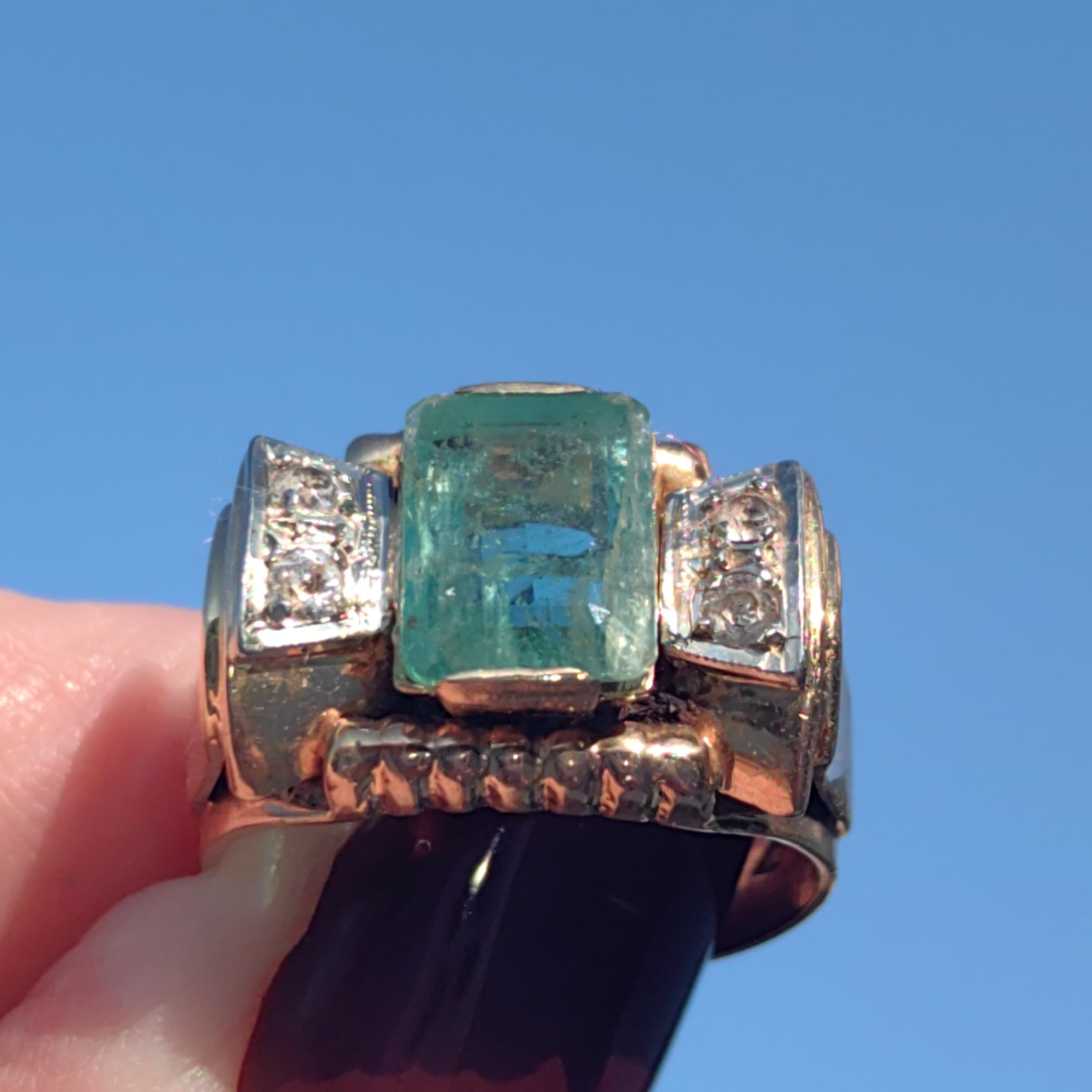 Art Deco 1930s Ring Antique  Genuine 2ct Emerald Diamond solid 18k Gold Vintage Statement Band Chevalier Unisex Estate 6,1gr 6.3/4 resize fr