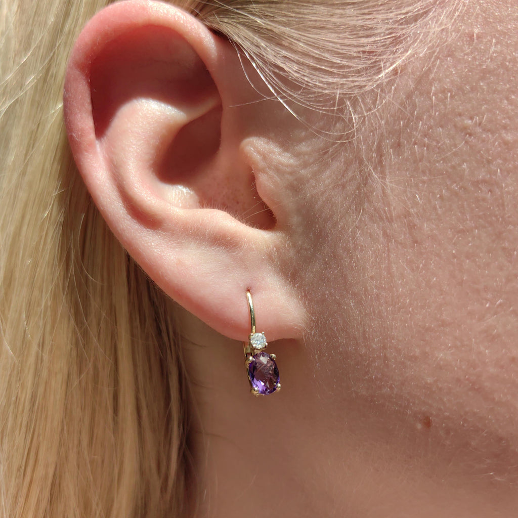 Vintage 14k Gold Amethyst & Diamond Drop Earrings: 1950s Dormeuse Sleepers