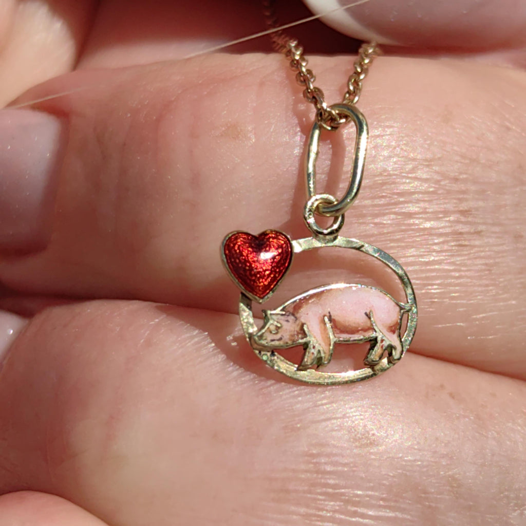 14k Gold Fire Enamel Pig Pendant: Art Nouveau Farm Charm