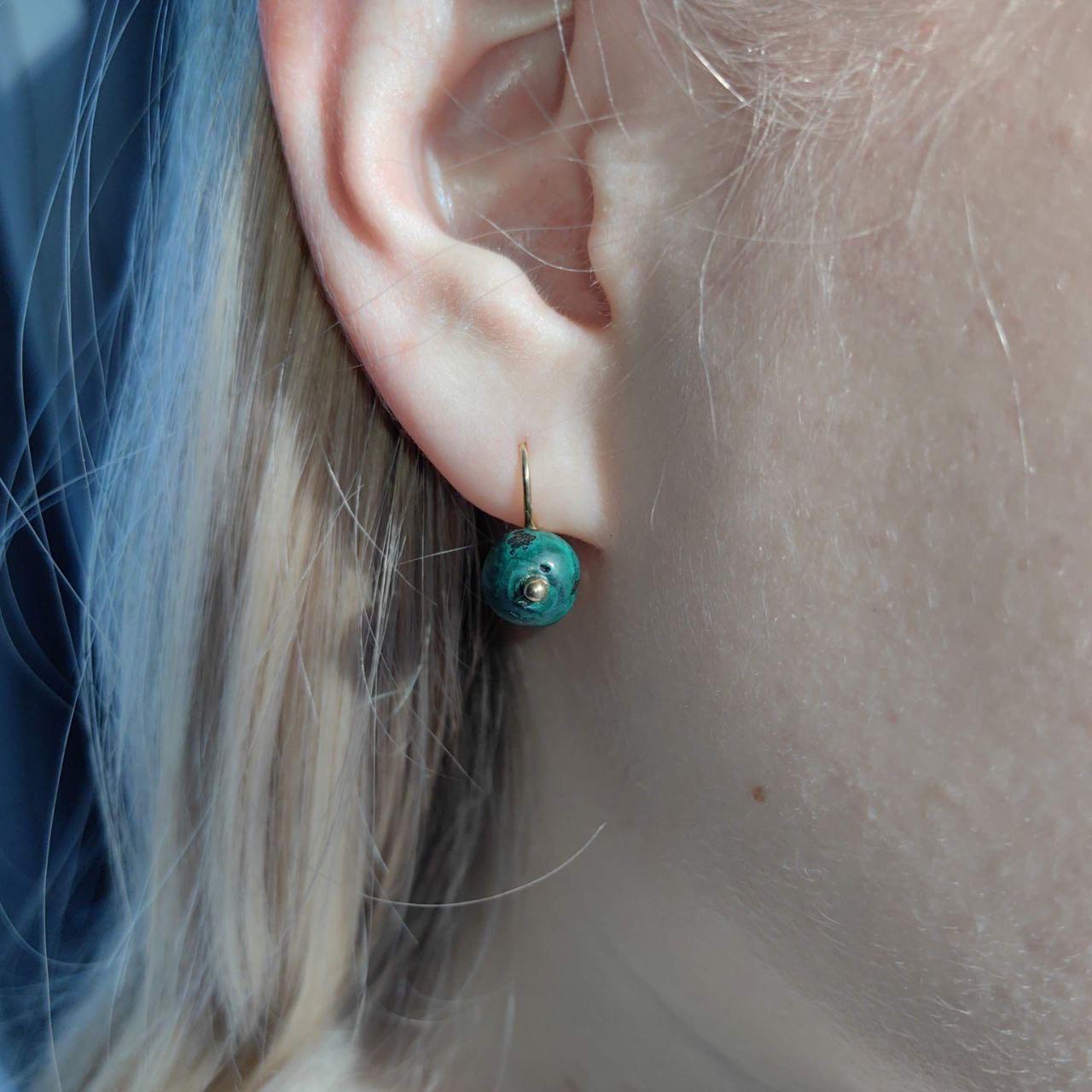 Antique 14k Gold Malachite Earrings: Art Nouveau Sleepers