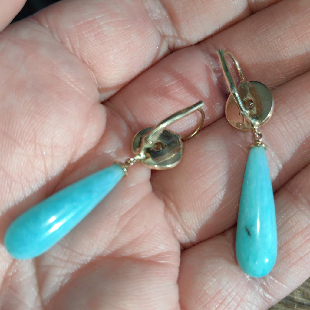 Antique 1900s Art Nouveau Amazonite  and Diamond Solid 14K Yellow Gold Green Enamel Dangle Drop Statement Earrings Elegant Gift for Her