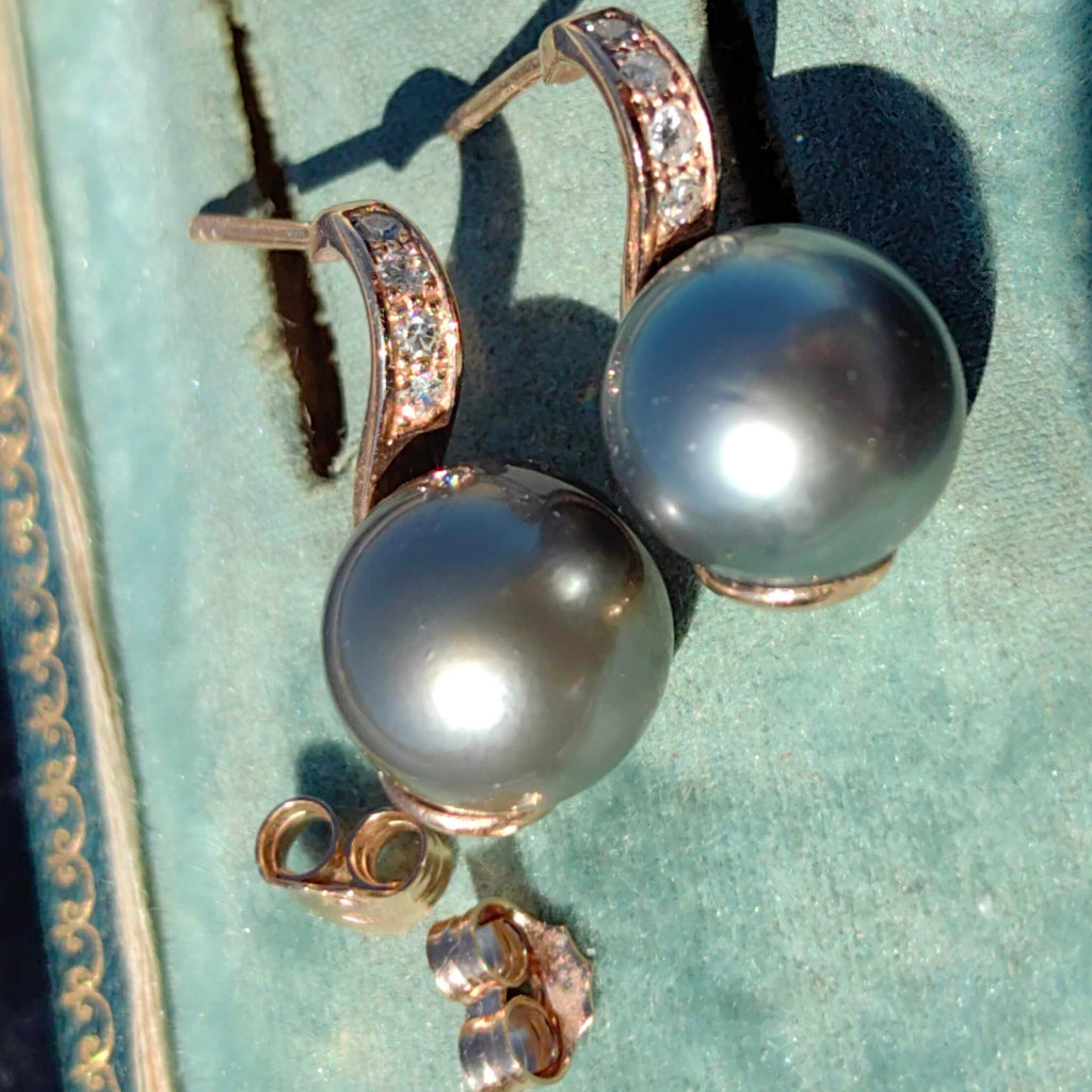 Vintage 15mmTahitian Cultured Franch Polinesia Pearl Diamond 14K Solid Gold Stud Earrings