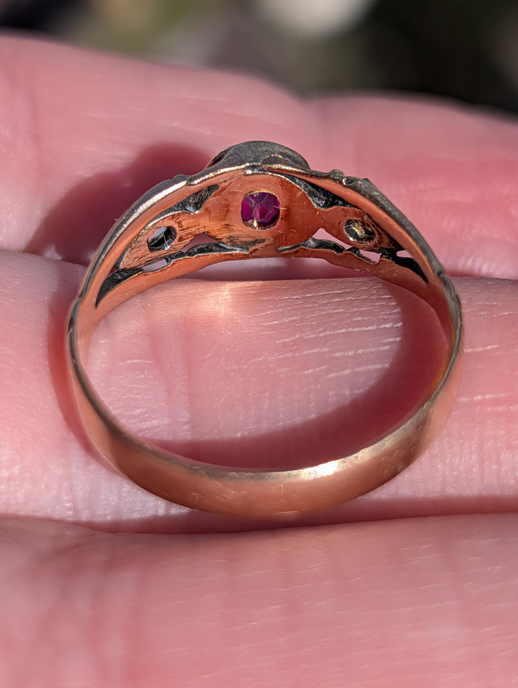Victorian Ruby Rose Cut Diamond Ring 14k Yellow Rose Champagne Gold Silver, Antique 1890s Gypsy Alliance Band Engagement Gift for Her