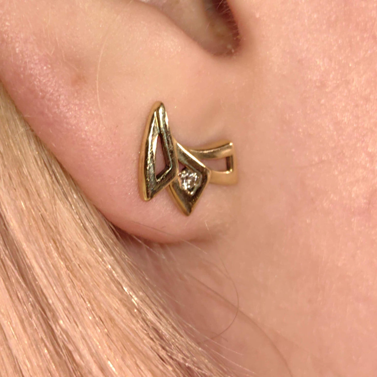 Diamond 14k Solid Yellow Gold Hallmarked Elegant Stud Earrings Geometric Minimalist Vintage Push Back Closure Earrings