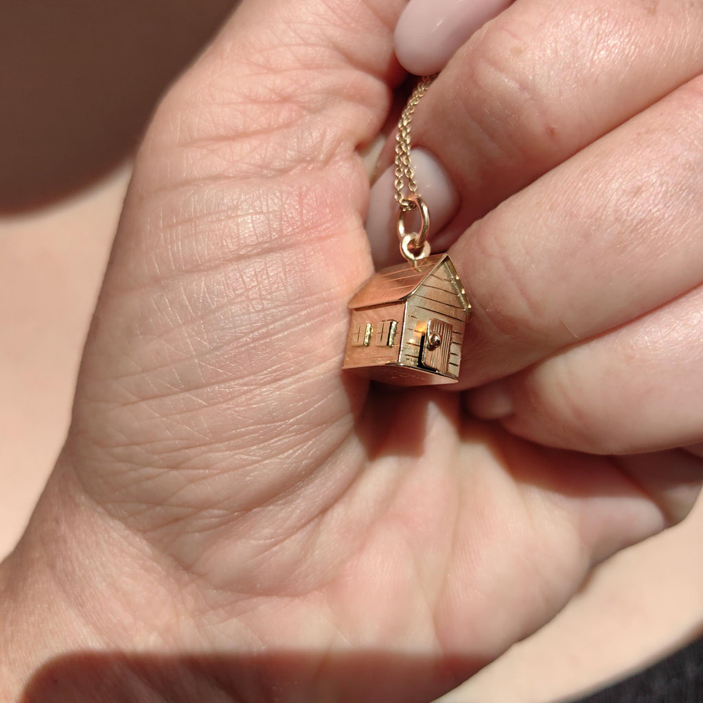 14k Solid Yellow Gold Miniature House Pendant Vintage Handmade Luck Home Charm Housewarming Gift Present