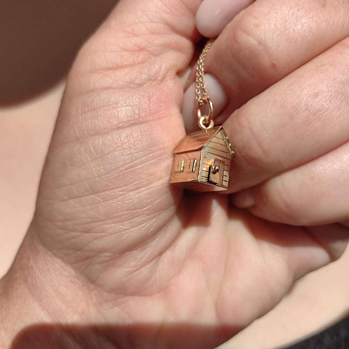 14k Solid Yellow Gold Miniature House Pendant Vintage Handmade Luck Home Charm Housewarming Gift Present