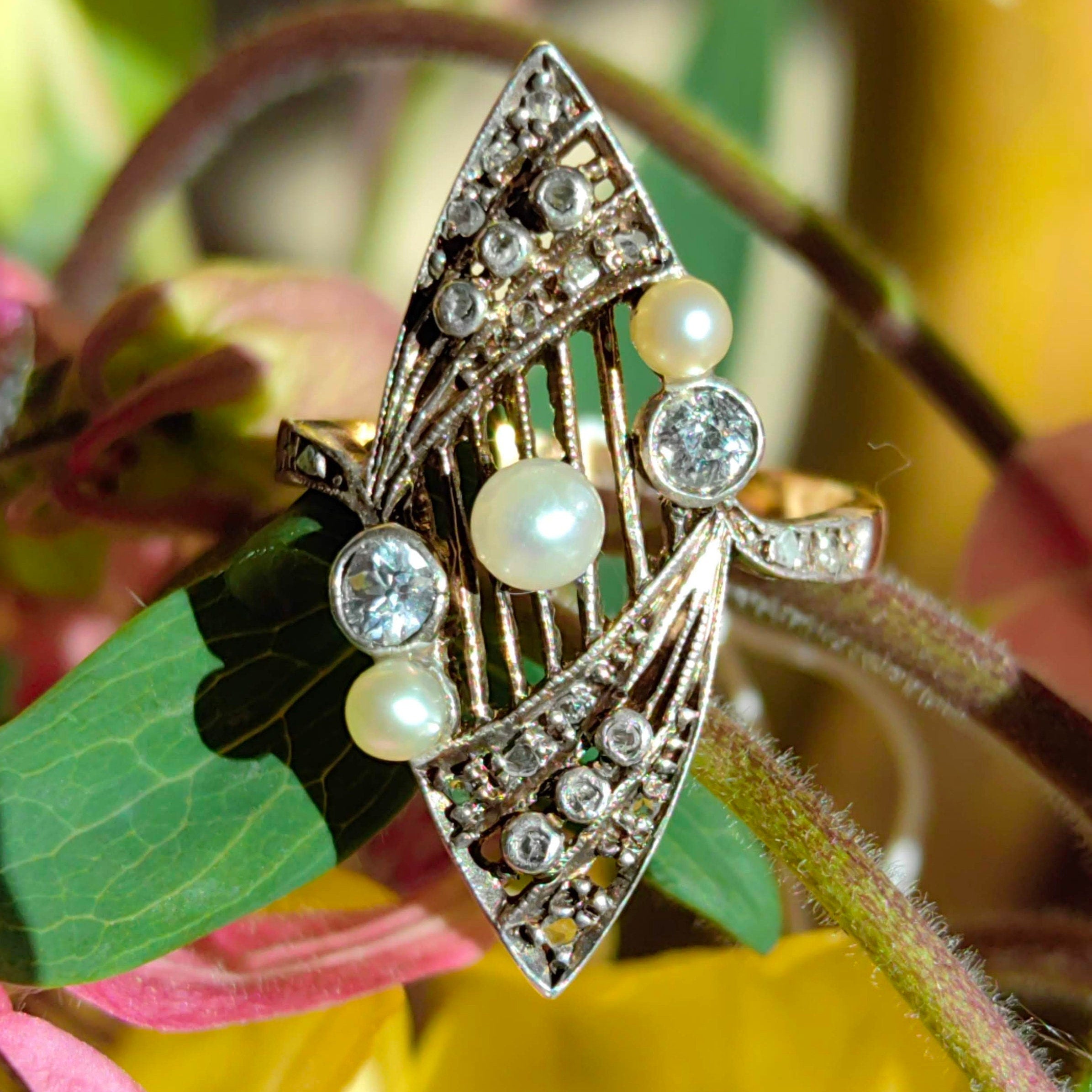 Art Deco Pearl Diamond Ring: 18k Gold Filigree Cocktail Ring