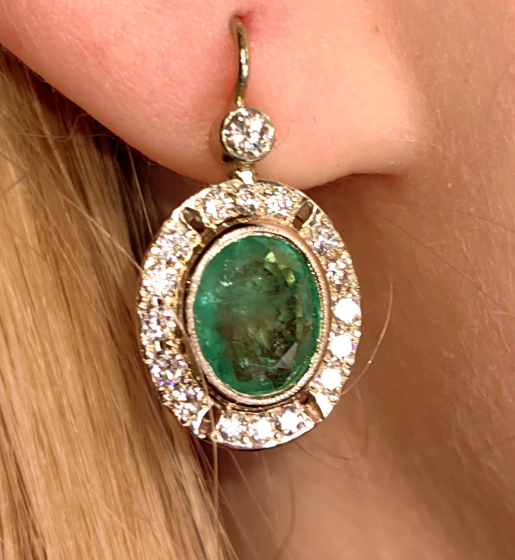 Mid Century 1950s Genuine High Quality Green Emeralds and Diamond Earrings  14k Solid White Gold Sleepers Dangle Earrings gift for her