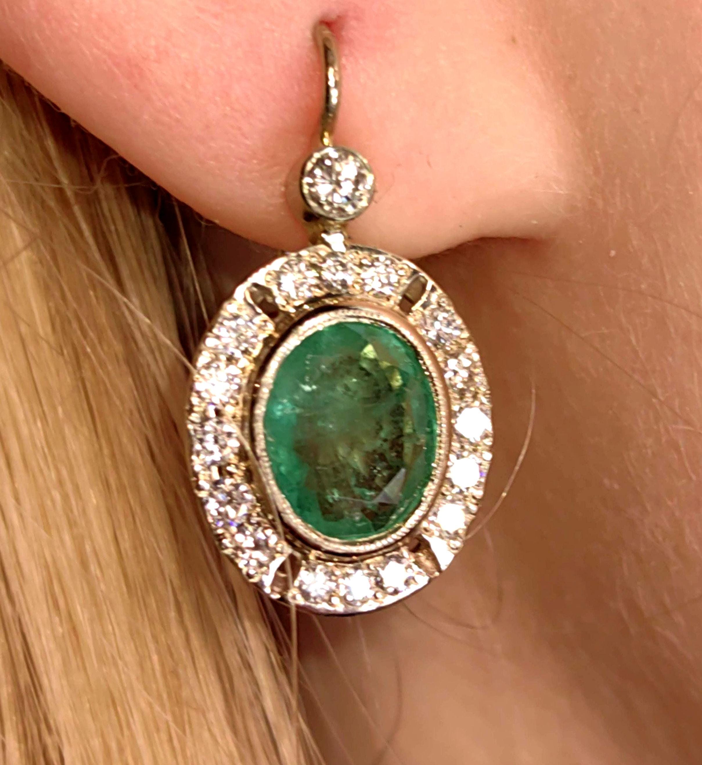 Mid Century 1950s Genuine High Quality Green Emeralds and Diamond Earrings  14k Solid White Gold Sleepers Dangle Earrings gift for her