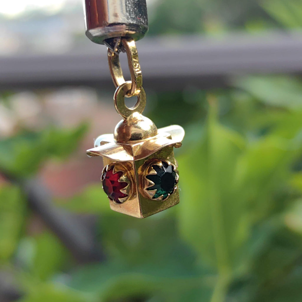 18k Gold Art Deco Pendant: Red & Green Paste Stone Charm
