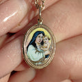 Antique Art Nouveau 14k Gold Madonna Pendant, Hand Painted Enamel Virgin Mary Baby Jesus
