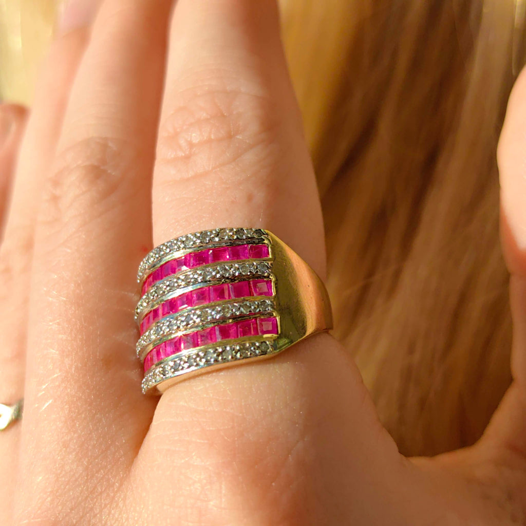 Vintage 18k Solid Yellow Gold Natural Raspberry Red Ruby and Diamond Statement Wide Ring Unisex Size 7.25