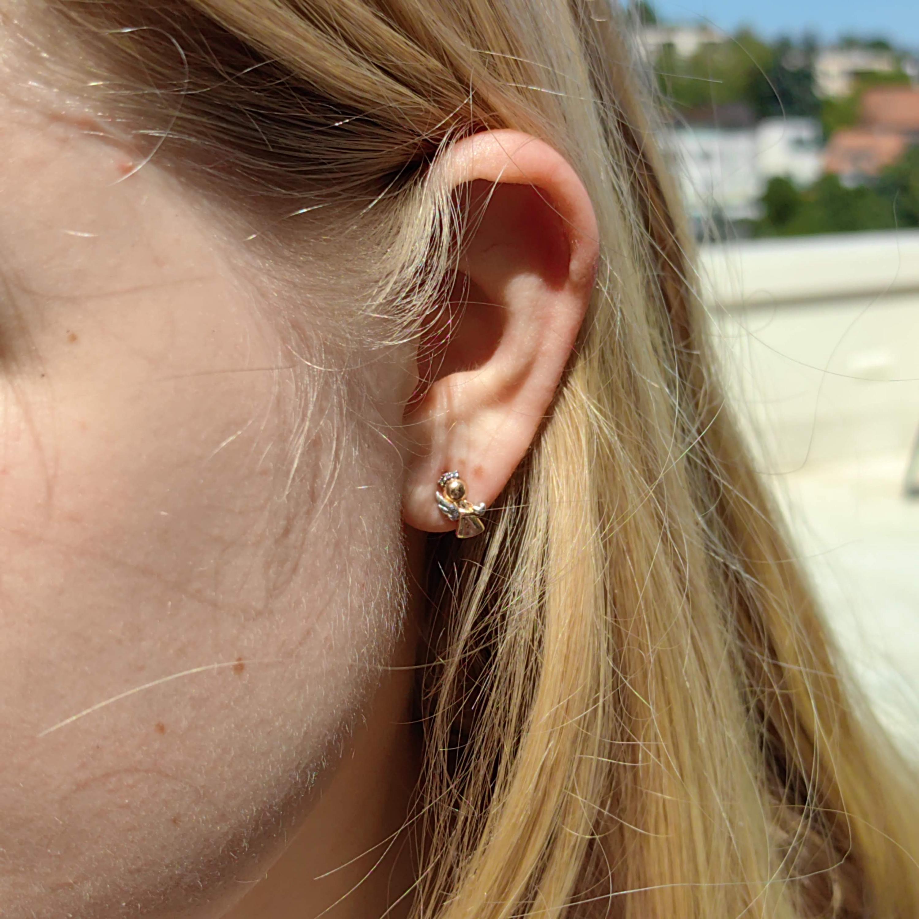 14K Yellow Gold Angel Earrings: Diamond Studs, Religious Jewelry