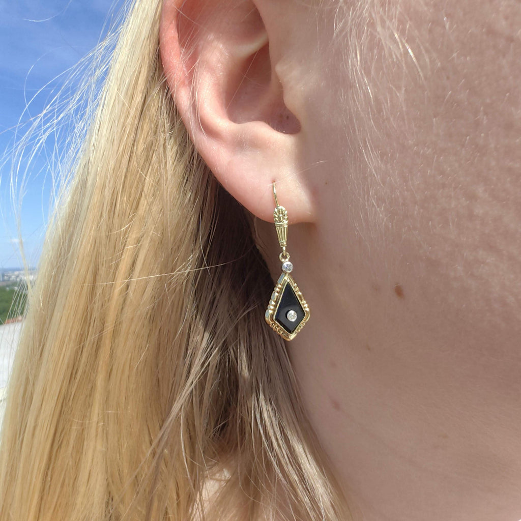 1920s Art Deco Onyx Diamond Dangle Earrings, 14k Gold Old European Cut Hallmarked Antique