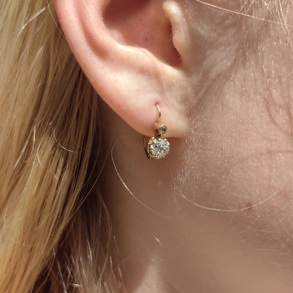 1880s Victorian 14K Champagne Gold Diamond Sleeper Earrings: Antique Dormeuse