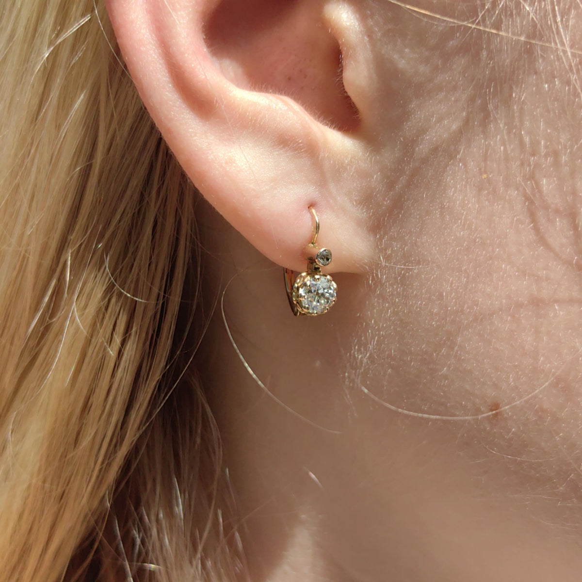 1880s Victorian 14K Champagne Gold Diamond Sleeper Earrings: Antique Dormeuse