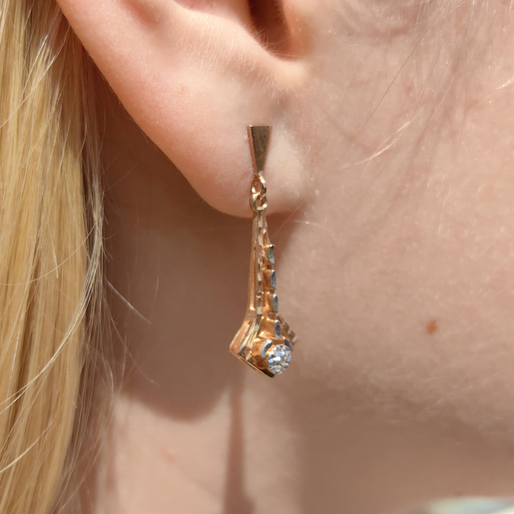 Vintage Diamond Dangle Earrings: Champagne Rose Gold, Hallmarked