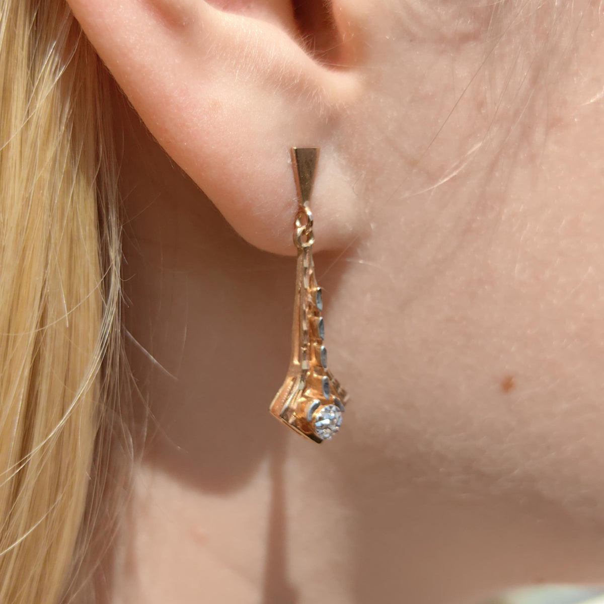 Vintage Diamond Dangle Earrings: Champagne Rose Gold, Hallmarked