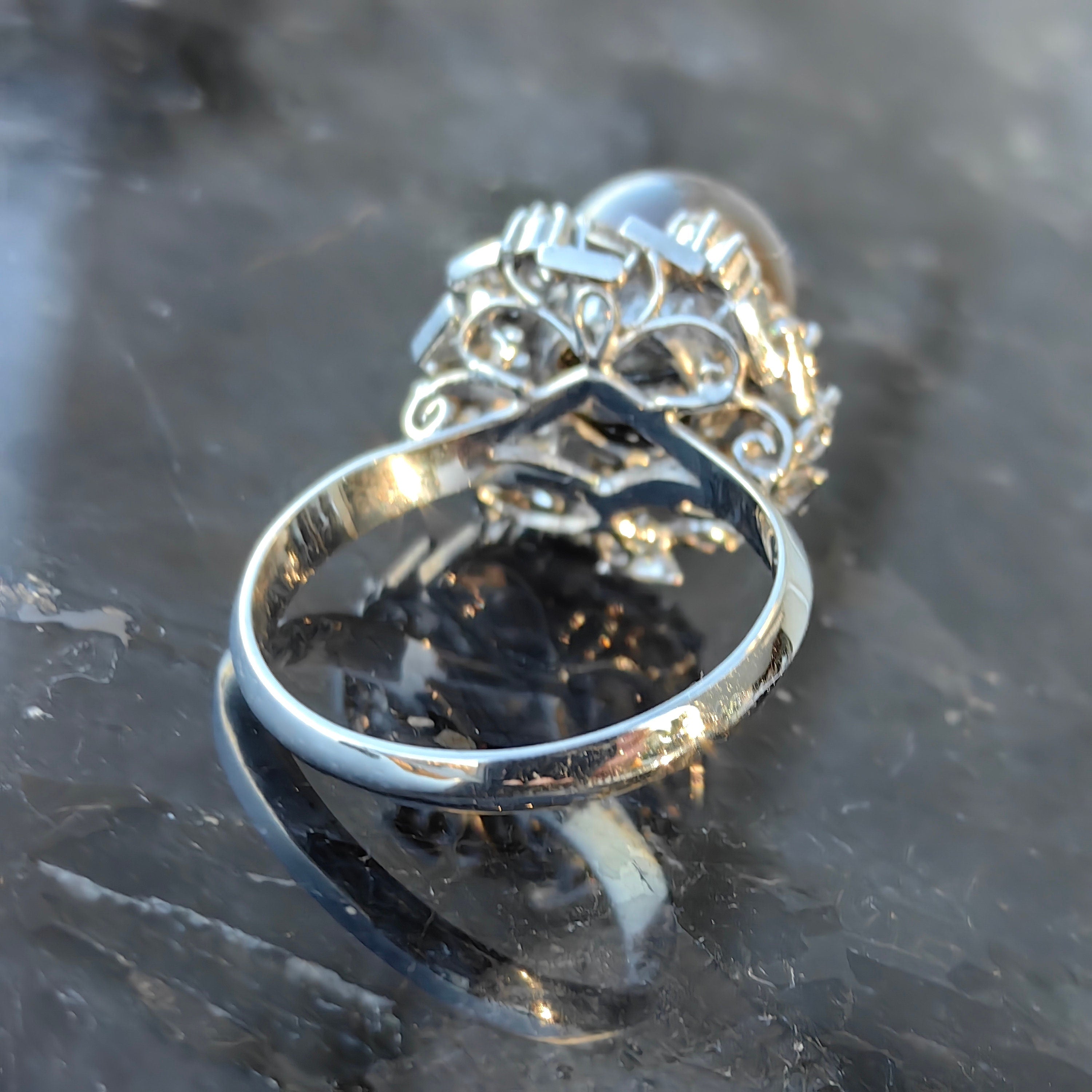 Vintage 1960s Tahitian Pearl and Diamond 18k White Gold Ring