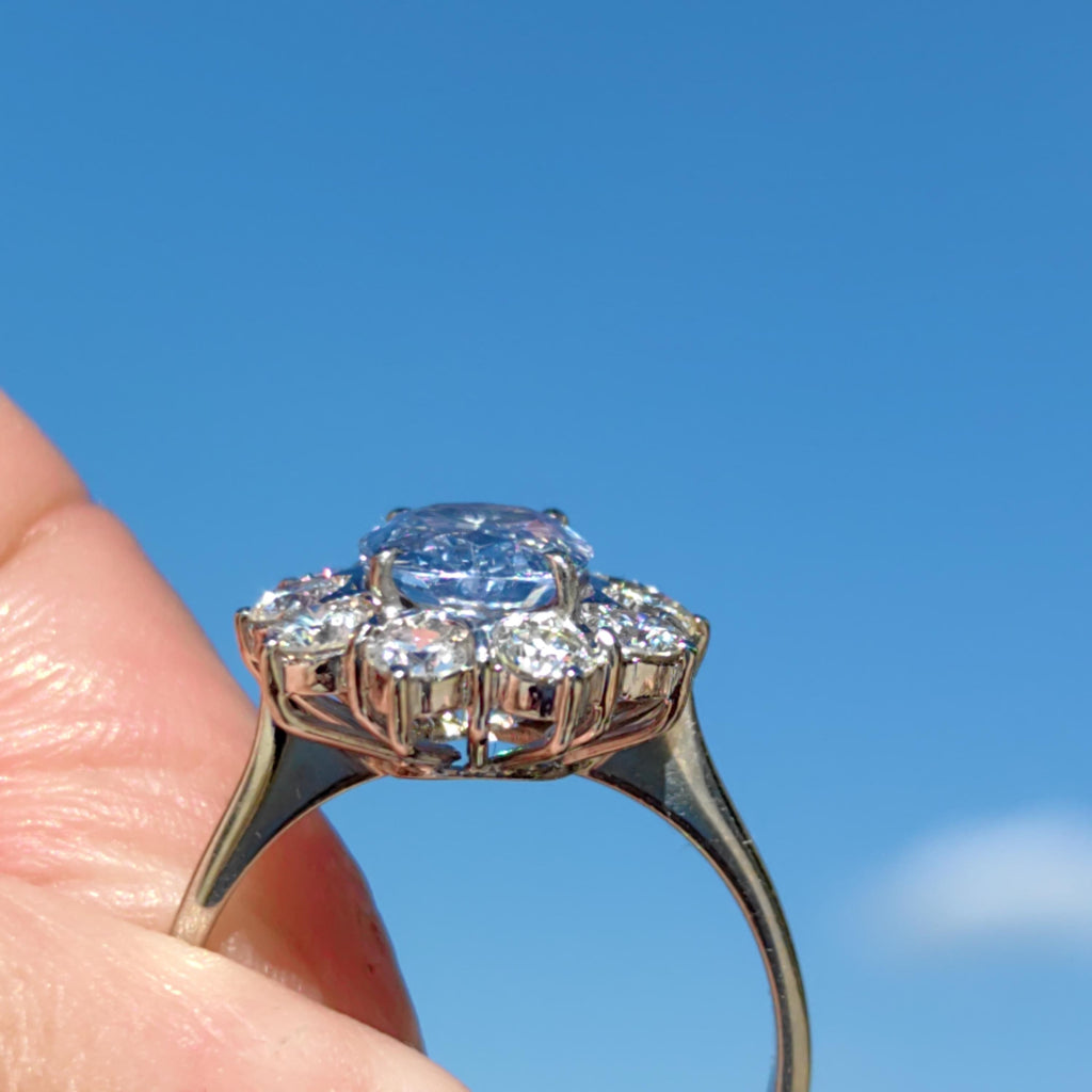 Mid Century Icy Cornflower Blue Sapphire Diamond Ring: 18k White Gold Diana Ring