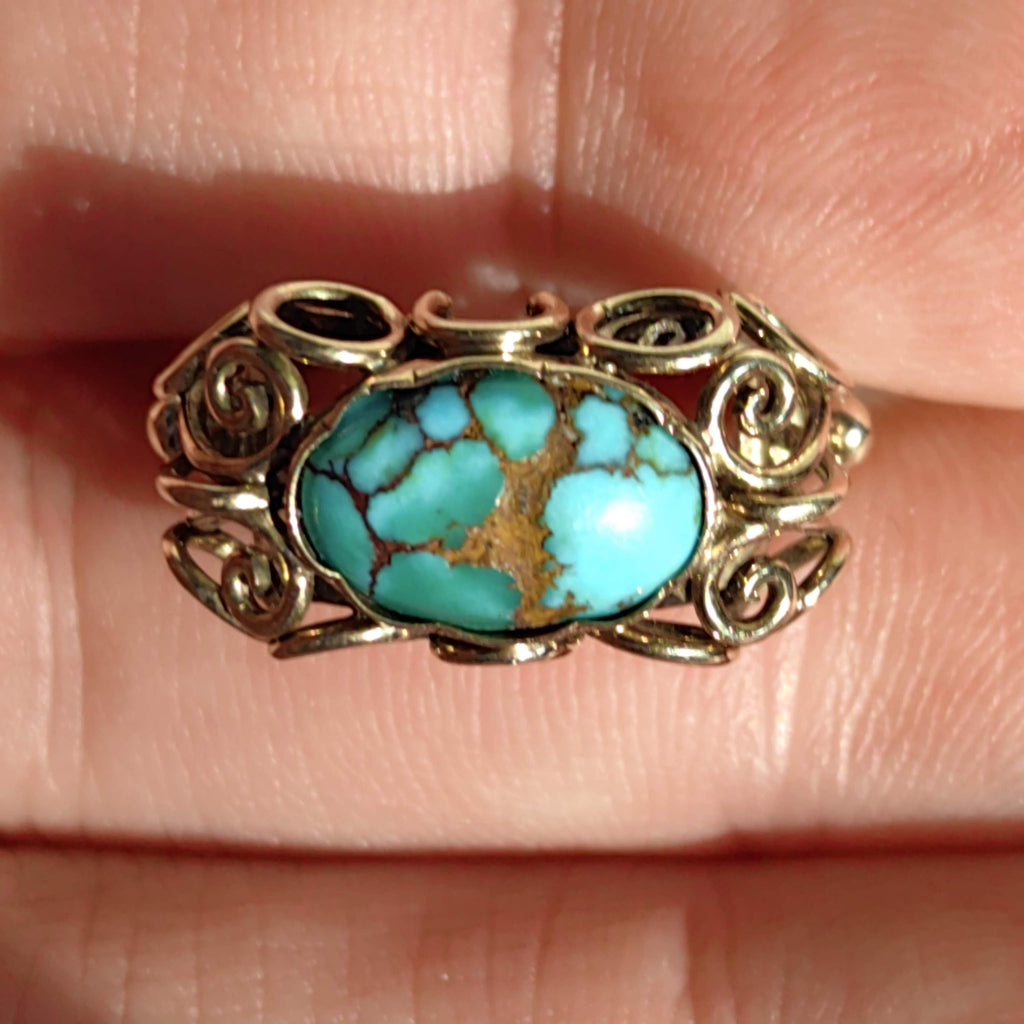Art Deco Natural Blue Turquoise Ring, 14k Yellow Gold Antique Statement Ring, 1930s Cabochon Gemstone Vintage Jewelry Gift