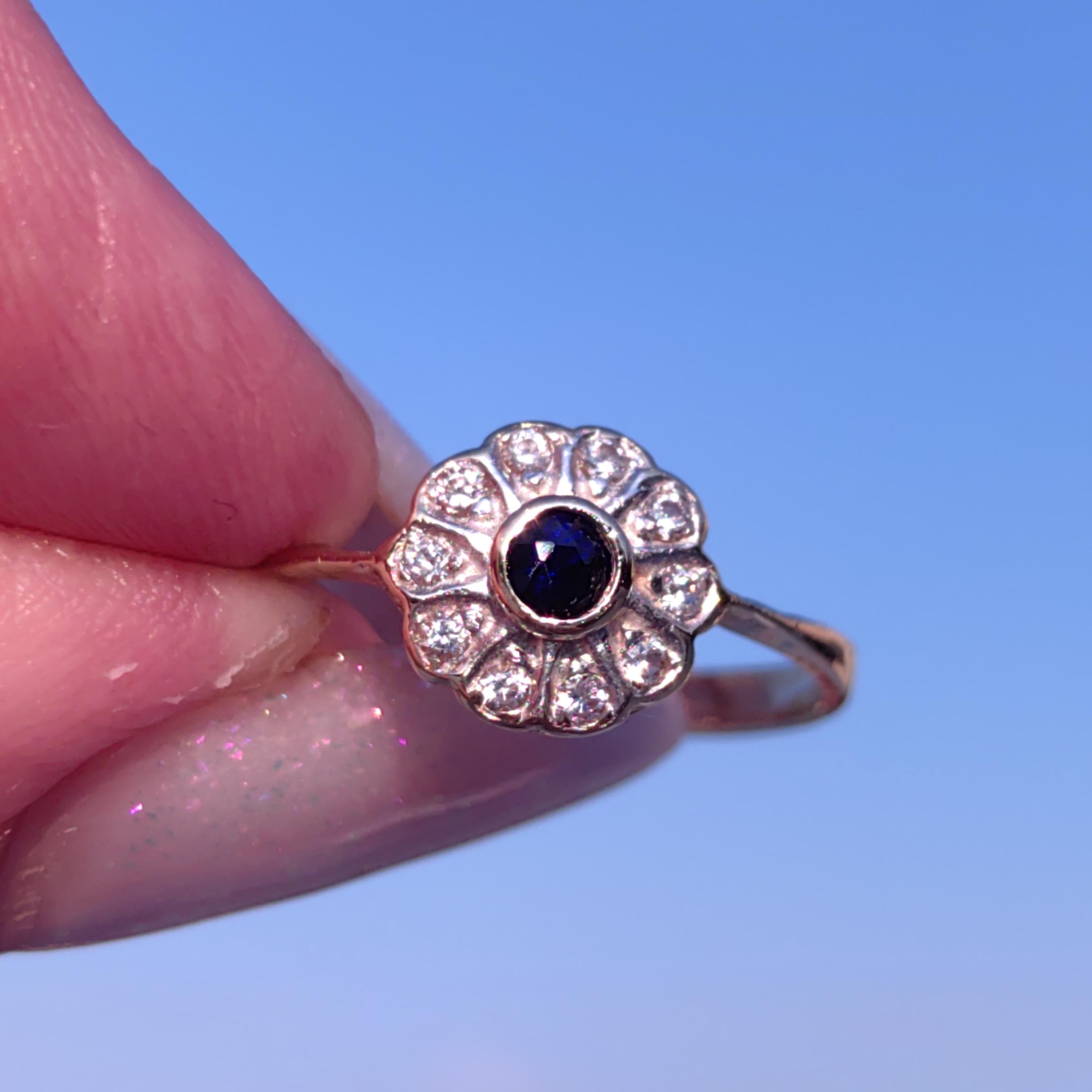 Mid-Century Sapphire Diamond Ring: 14k Gold Floral Engagement Ring, Size 8