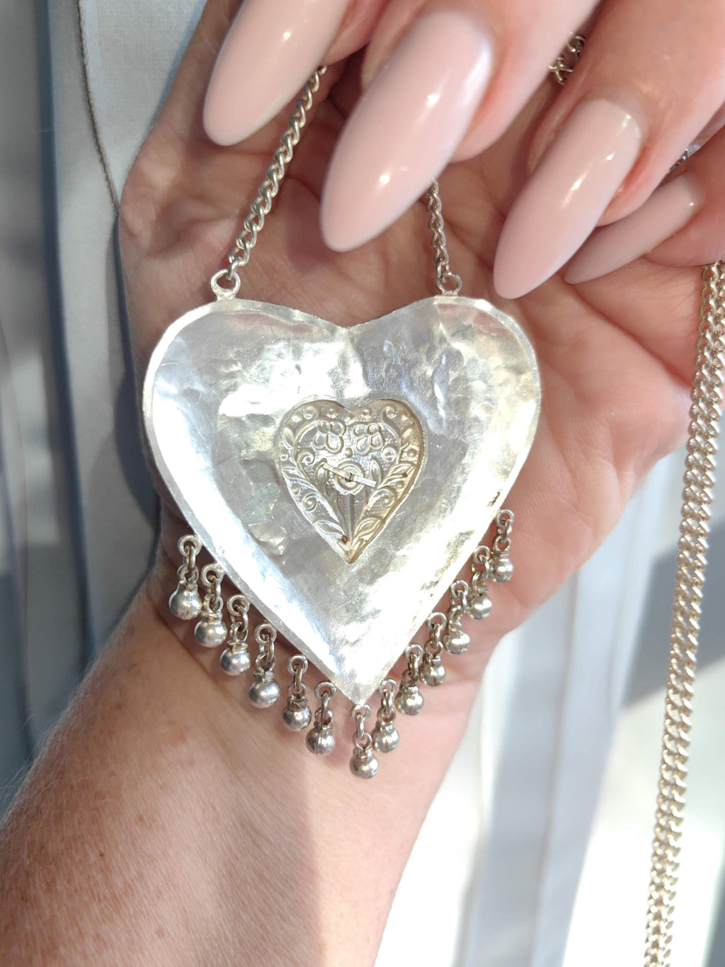 Art Deco Silver Heart Pendant Necklace: Filigree Enamel, Long Chain