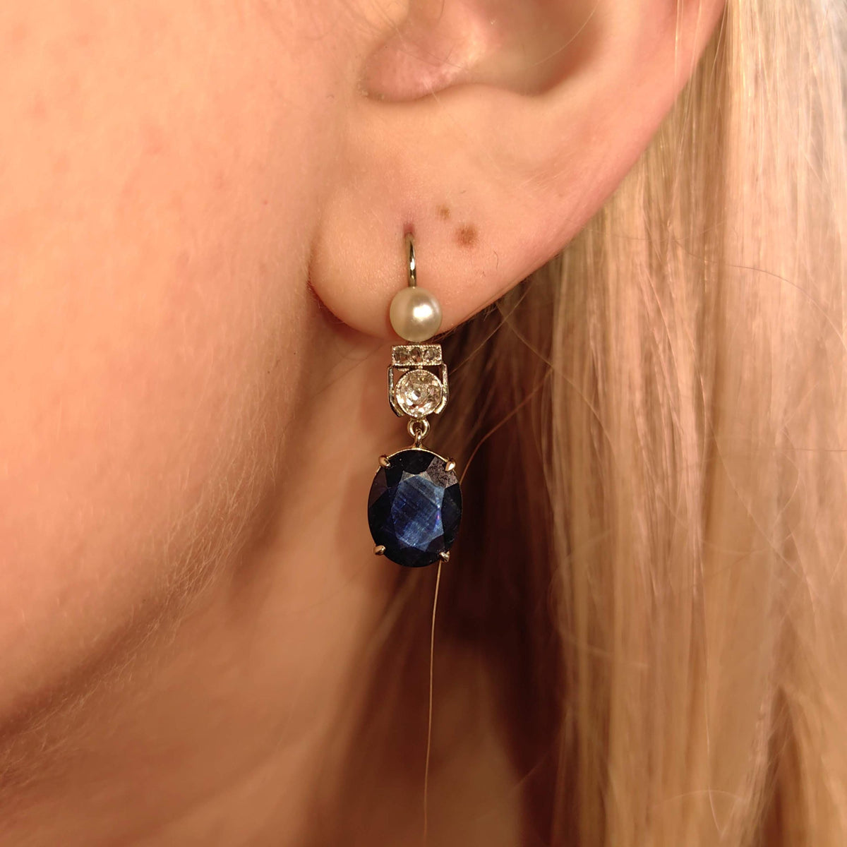 Art Deco Natural Sapphire Diamond Pearl Solid 18k White Gold Dangle Drop 1920s Antique Vintage Elegant Edwardian Earrings Gift for Her