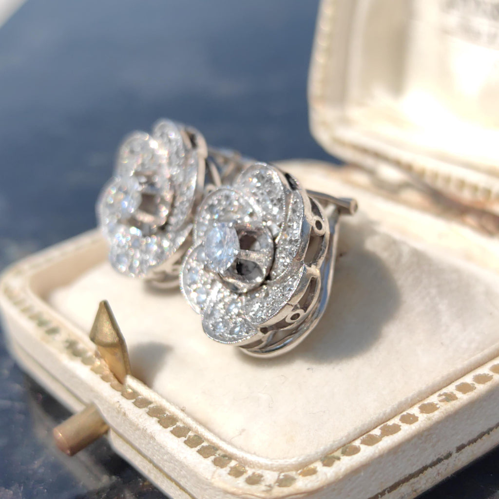 18k Solid White Gold Diamond Art Deco 1920s Elegant Large Statement Earrings with Floral Design Gift for her Present
