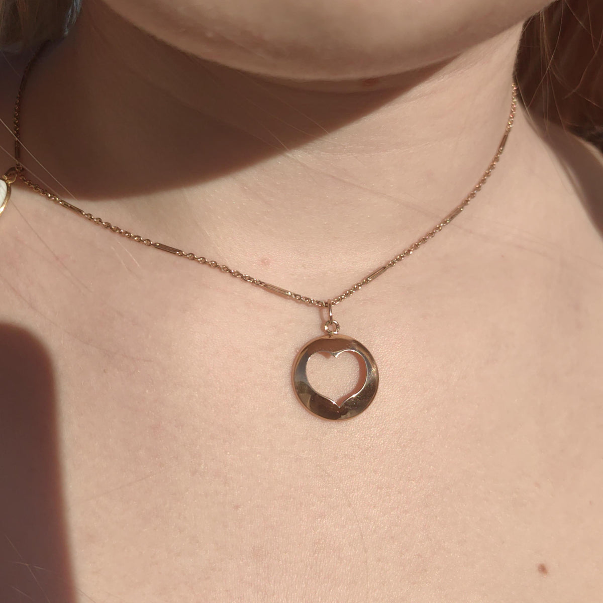 Solid 14k Yellow Gold  Hallmarked Heart Shaped Hole Romantic Love Gift Medal Pendant, curved heart gold frame love present for her Vintage