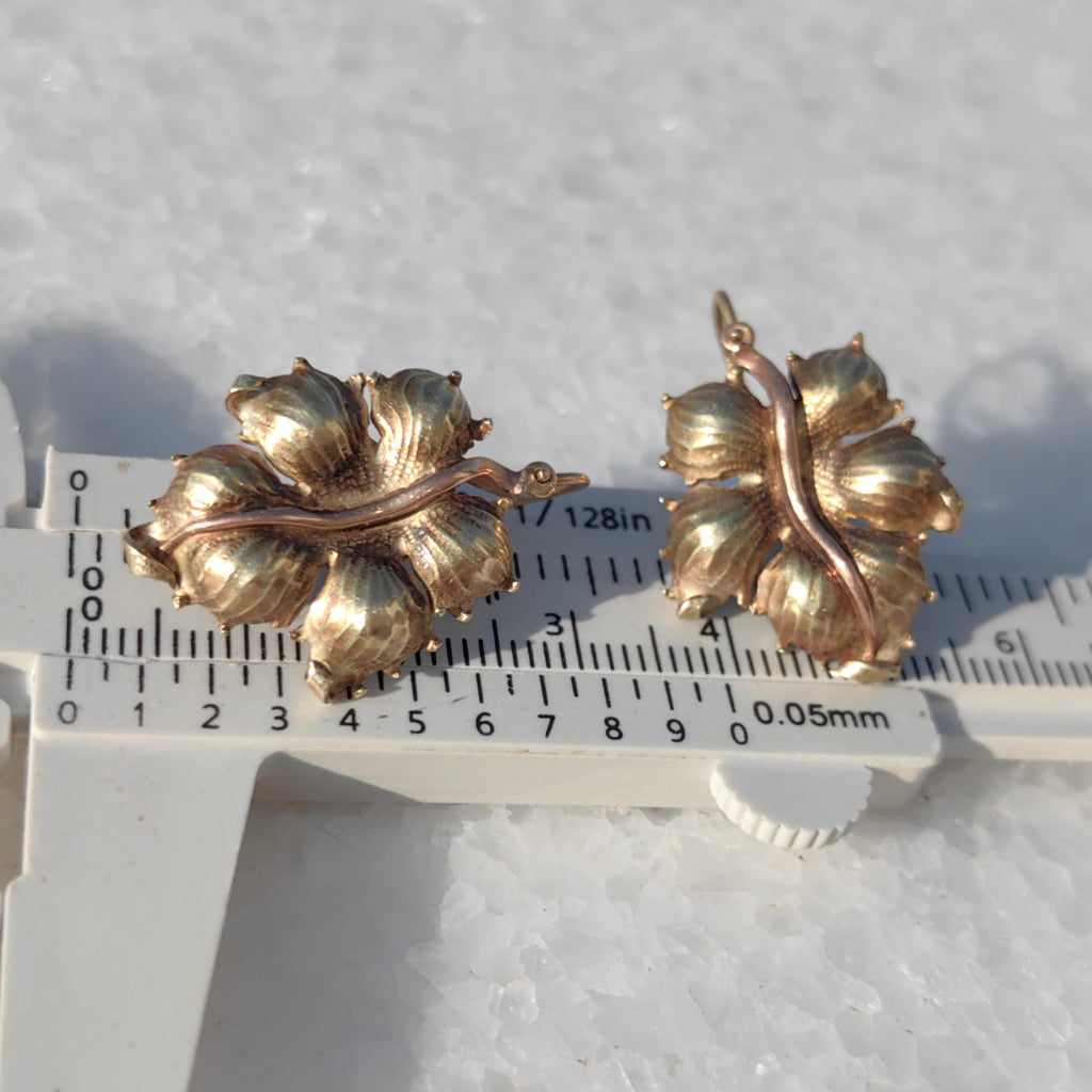 Antique 1870s Floral Leaf Earrings: 14k Yellow-Rose Gold Dormeuses