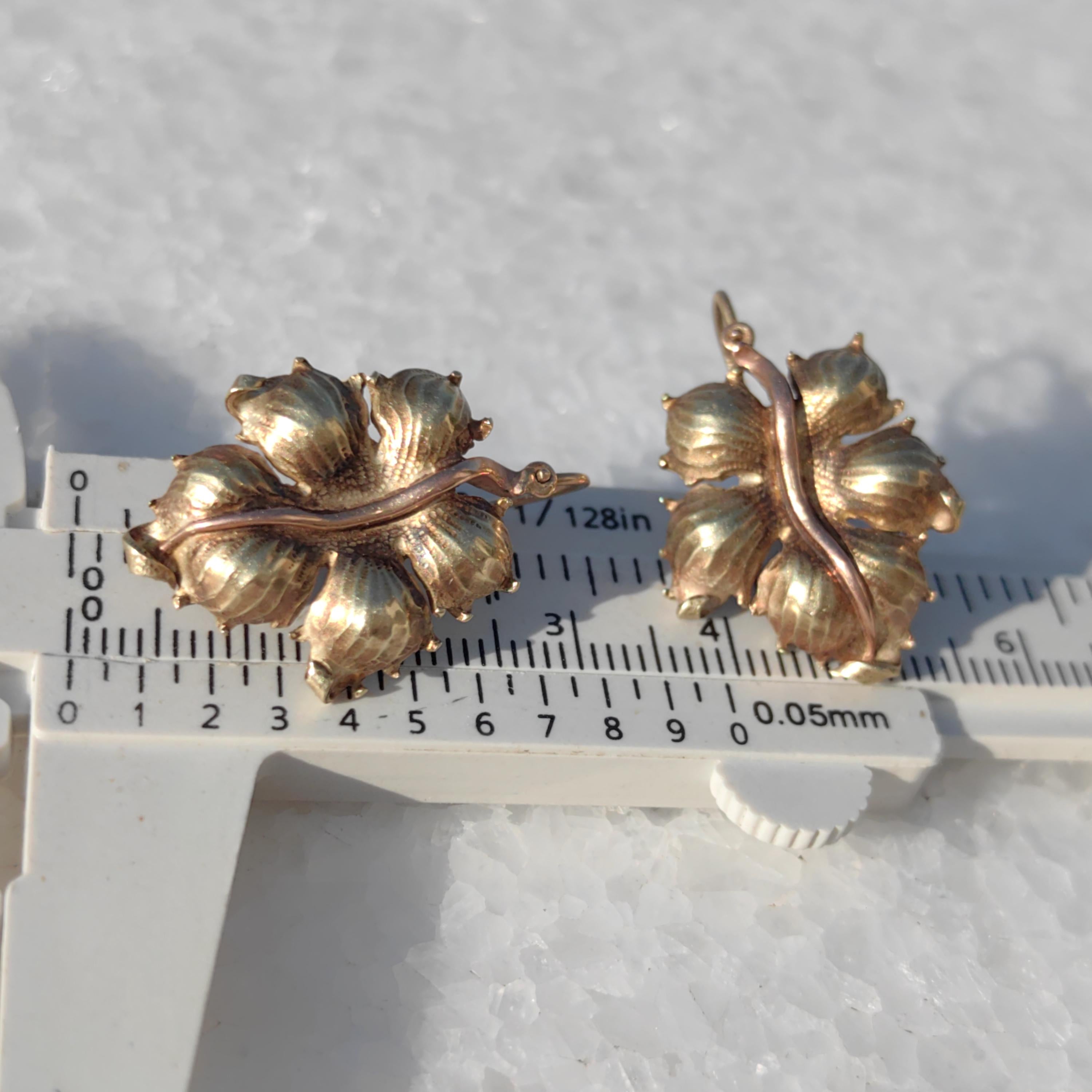 Antique 1870s Floral Leaf Earrings: 14k Yellow-Rose Gold Dormeuses