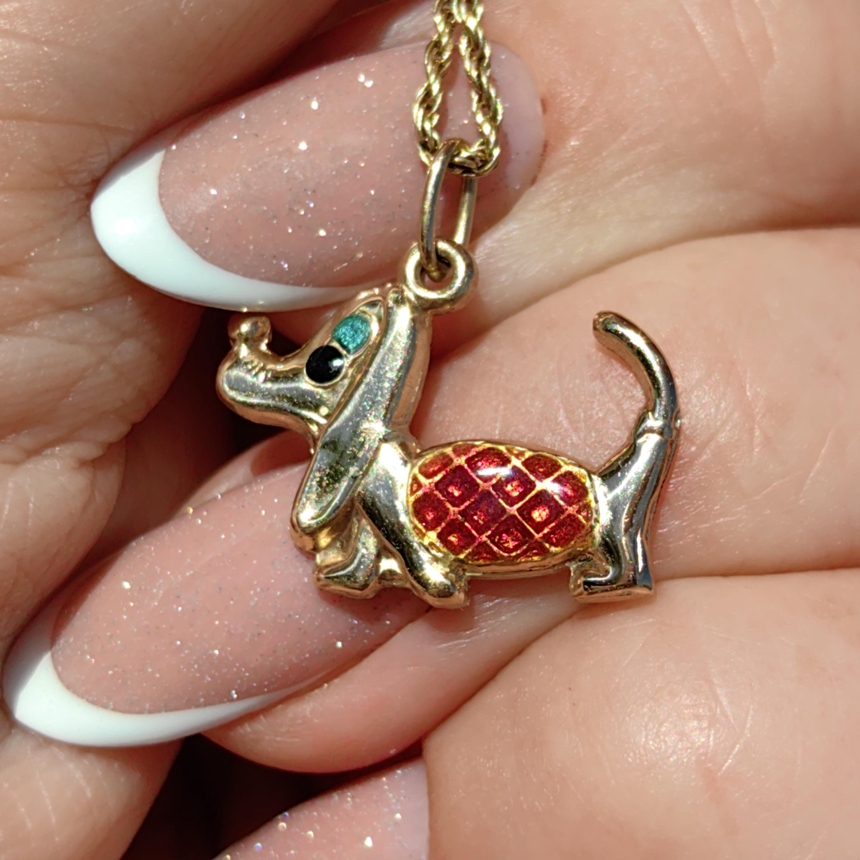 Vintage 14k Solid Yellow Gold Dachshund Dainty Elegant Pendant Hand Painted Fire Enamel Dog Bracelet Charm 1960s Style Necklace Pendant Gift