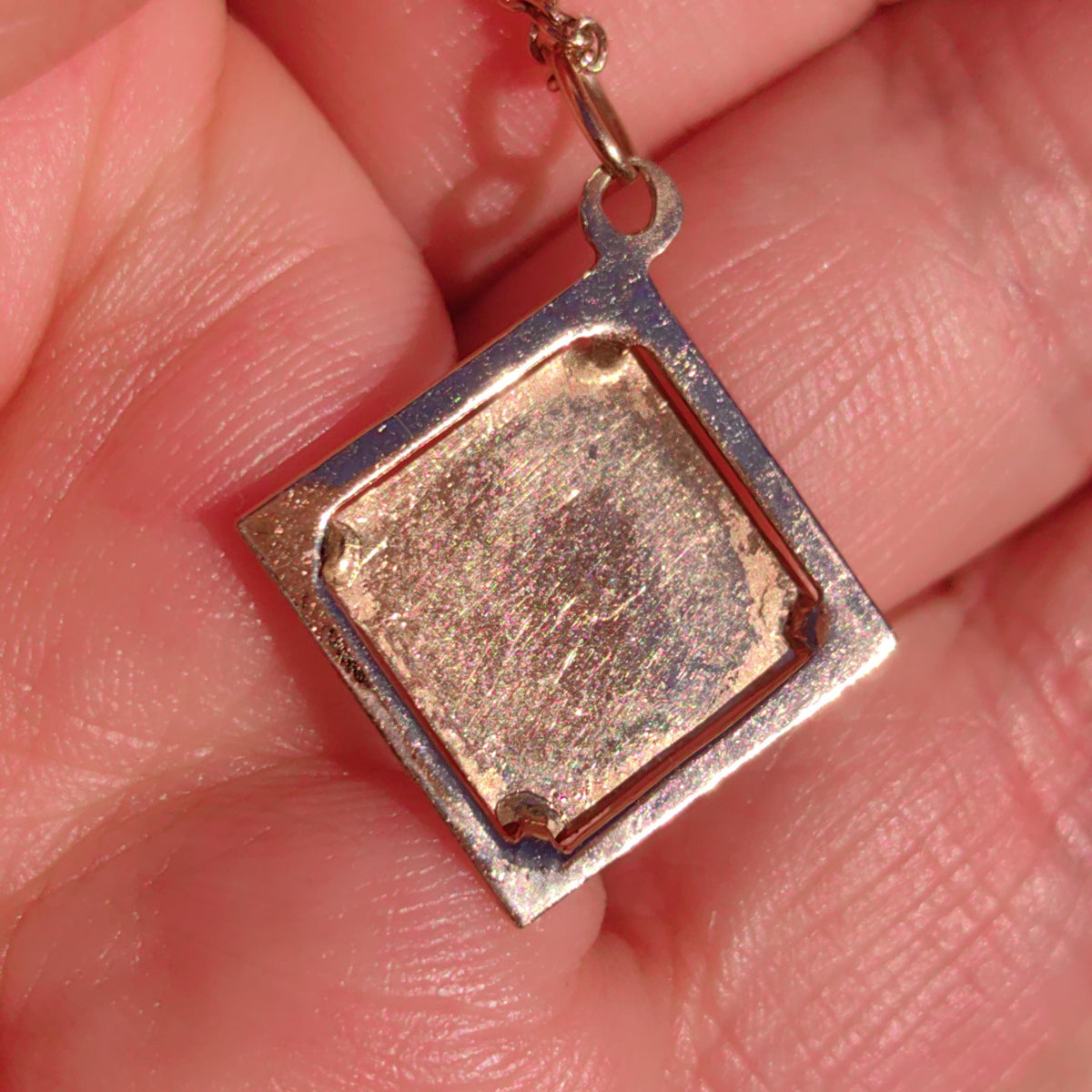 14k hallmarked Solid Yellow Rose Champagne Gold Square Painting Hand Chiseled Pattern Floral Vintage Antique 1900s Victorian Charm Pendant