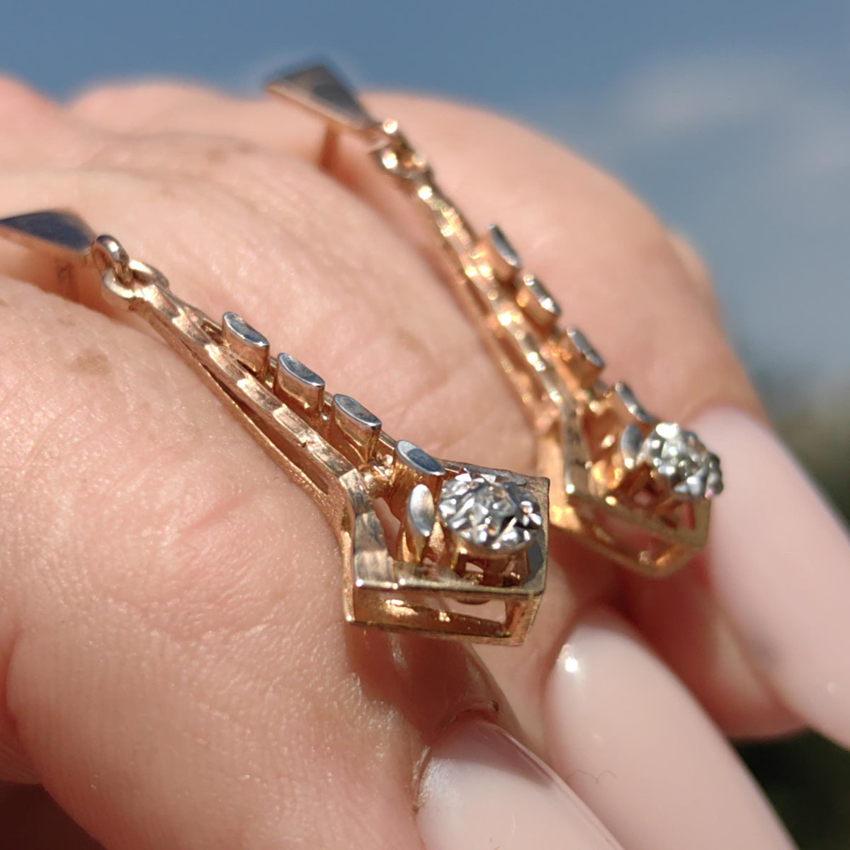 Vintage Diamond Dangle Earrings: Champagne Rose Gold, Hallmarked