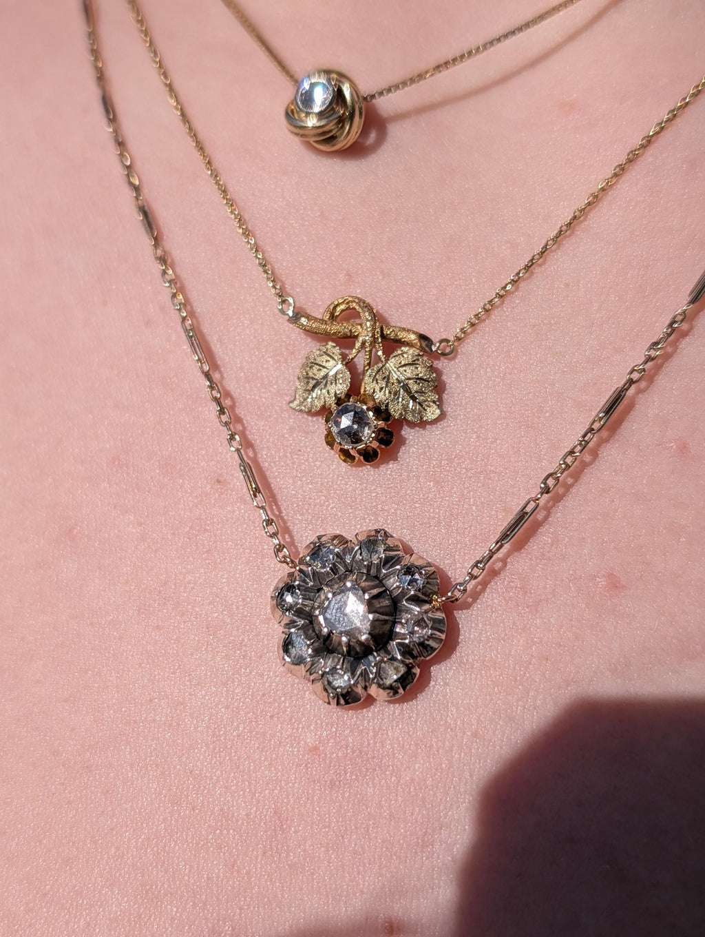 Antique Rose Cut Diamond Pendant Necklace 14k Yellow Rose Gold Silver Setting, Victorian 1880s Floral Romantic Gift for Her