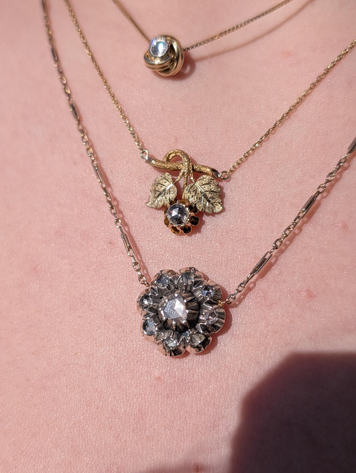 Antique Rose Cut Diamond Pendant Necklace 14k Yellow Rose Gold Silver Setting, Victorian 1880s Floral Romantic Gift for Her