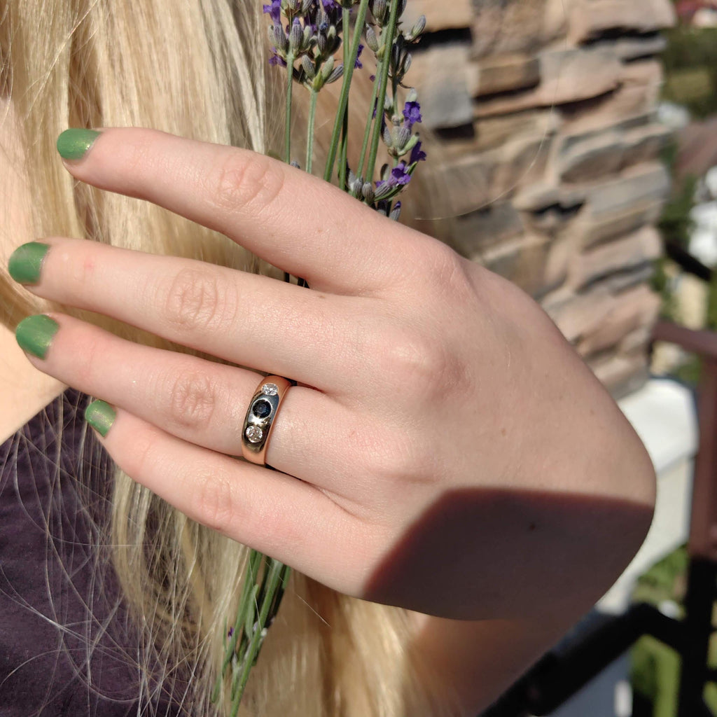 Victorian Sapphire Diamond Ring: 14k Yellow Gold Antique Gipsy Band