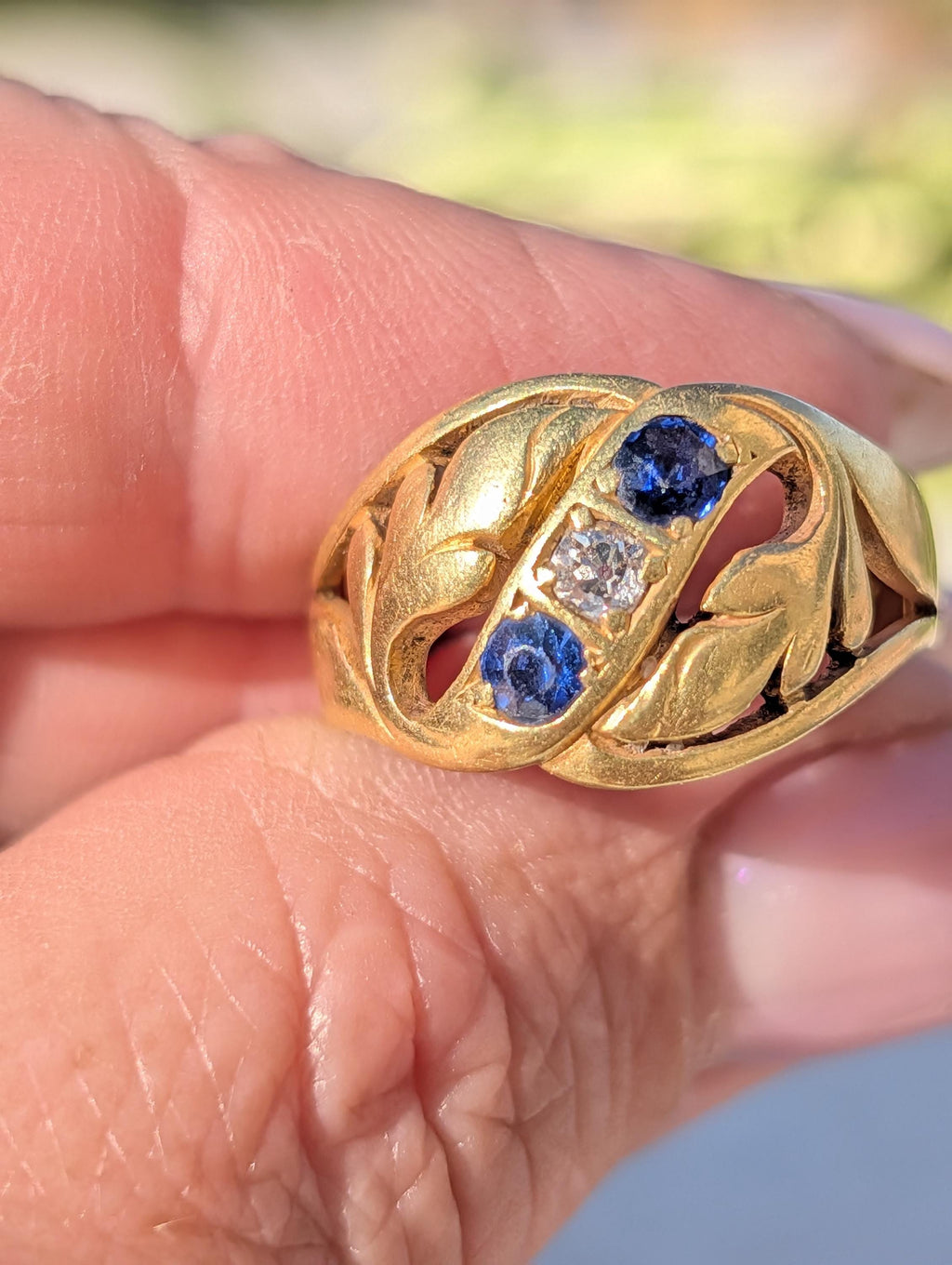 Victorian 1880s Sapphire Diamond Three Stone Ring 19K Gold Laurel Leaf Wide Band Antique US Duty Free HTS 9706